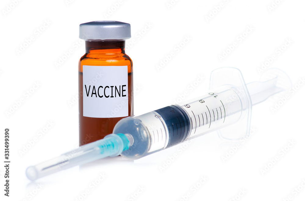 Glass jar medicine vaccine and syringe on white background isolation Glass jar medicine vaccine and syringe on white background isolation
