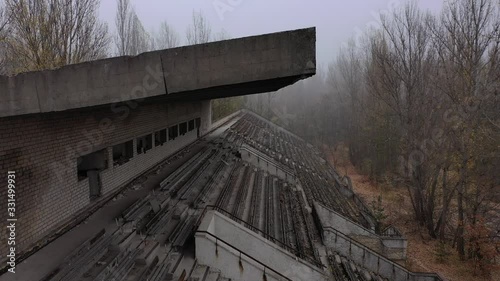 Chernobyl zone, Ukraine, Spectator tribune of old sports stadium in Pripyat 2