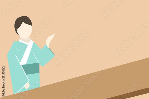 faceless character, waitress in tradition Japanese dress or Yukata point the hand to menu or restaurant promotion