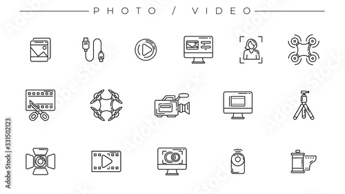 Photo and Video icons. Line style vector set