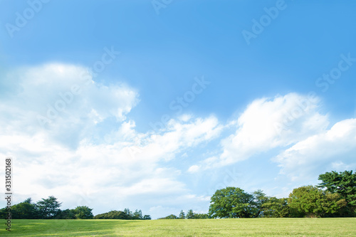 青空を背景にした無人の緑の丘。開放的、爽やか、自然イメージの背景素材 photo