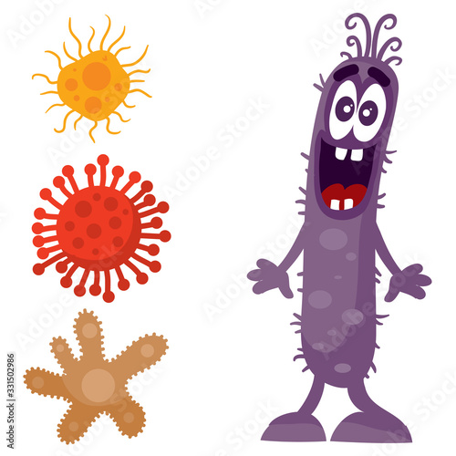 purple virus looks at multi-colored bacteria and is surprised  cartoon style  isolated object on white background  vector illustration  eps