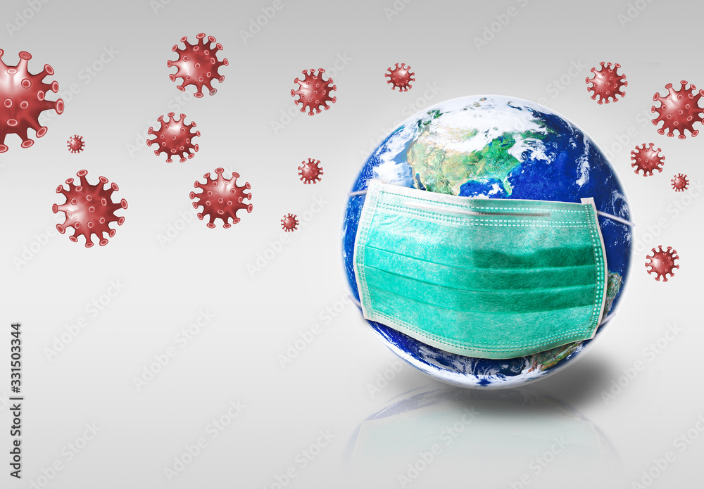 Everyone in the world need protection from Covic 19 or Corona virus pestilence concept, Earth with green medical or hygienic mask on light gray background, Elements of this image furnished by NASA Everyone in the world need protection from Covic 19 or Corona virus pestilence concept, Earth with green medical or hygienic mask on light gray background, Elements of this image furnished by NASA