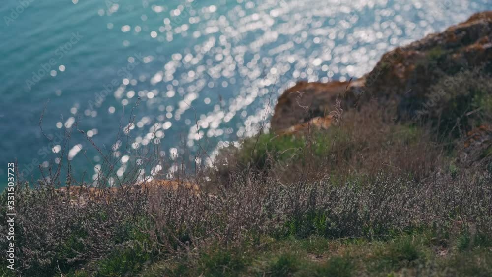 Orange stones and grass on the rocks near the sea with sun glare on water in Crimea Orange stones and grass on the rocks near the sea with sun glare on water in Crimea