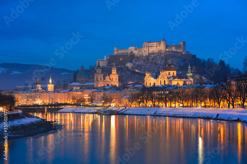 The old town and the castle of Salzburg, Austria in the night