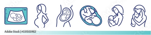 Fertilization, pregnancy, ultrasound procedure and motherhood. Vector icon set