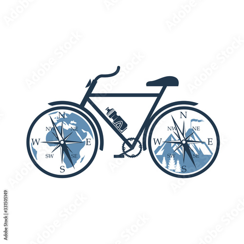 emblem of bicycle with mountains and compass isolated on white background