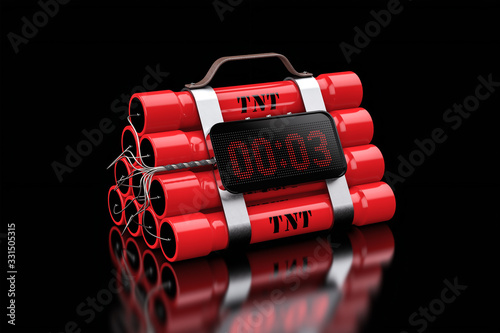3D illustration. Dynamite time bomb explosive with a digital countdown timer clock isolated on black background.