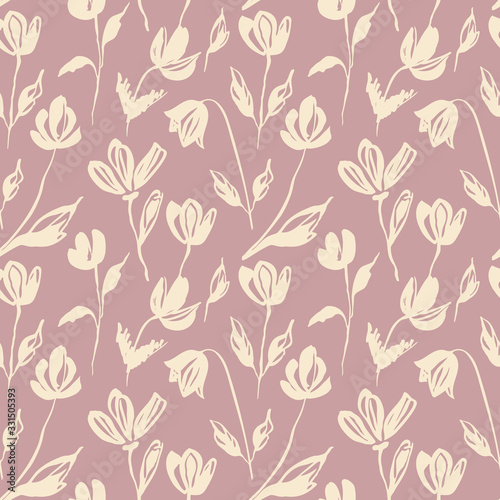 Seamless pattern of flowers painted with a dry brush. Delicate  simple flowers on a pink background. For wallpaper  wrapper  textile