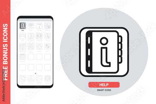 Help or user guide application icon for smartphone, tablet, laptop or other smart device with mobile interface. Simple black and white version. Contains free bonus icons