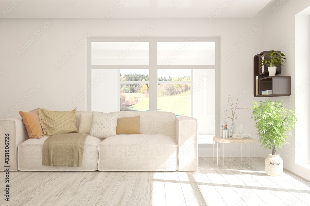 White living room with sofa. Scandinavian interior design. 3D illustration White living room with sofa. Scandinavian interior design. 3D illustration