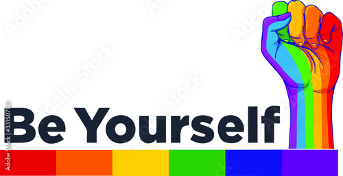  Rainbow colored hand with a raised fist. Gay Pride.