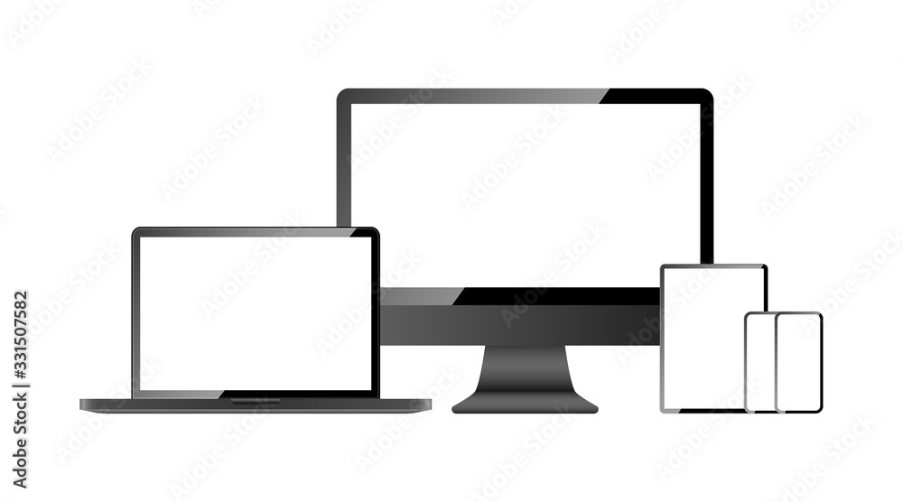 Devices screen mockup collection. Computer screen, laptop, tablet and mobile phone, isolated on white background. Devices with blank screen in realistic design. Vector illustration Devices screen mockup collection. Computer screen, laptop, tablet and mobile phone, isolated on white background. Devices with blank screen in realistic design. Vector illustration
