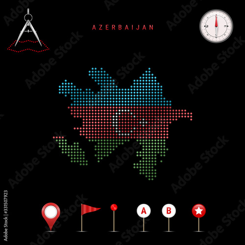 Dotted vector map of Azerbaijan painted in the national flag colors. Waving flag effect. Map tools icon set