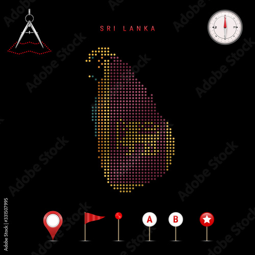 Dotted vector map of Sri Lanka painted in the national flag colors. Waving flag effect. Map tools icon set