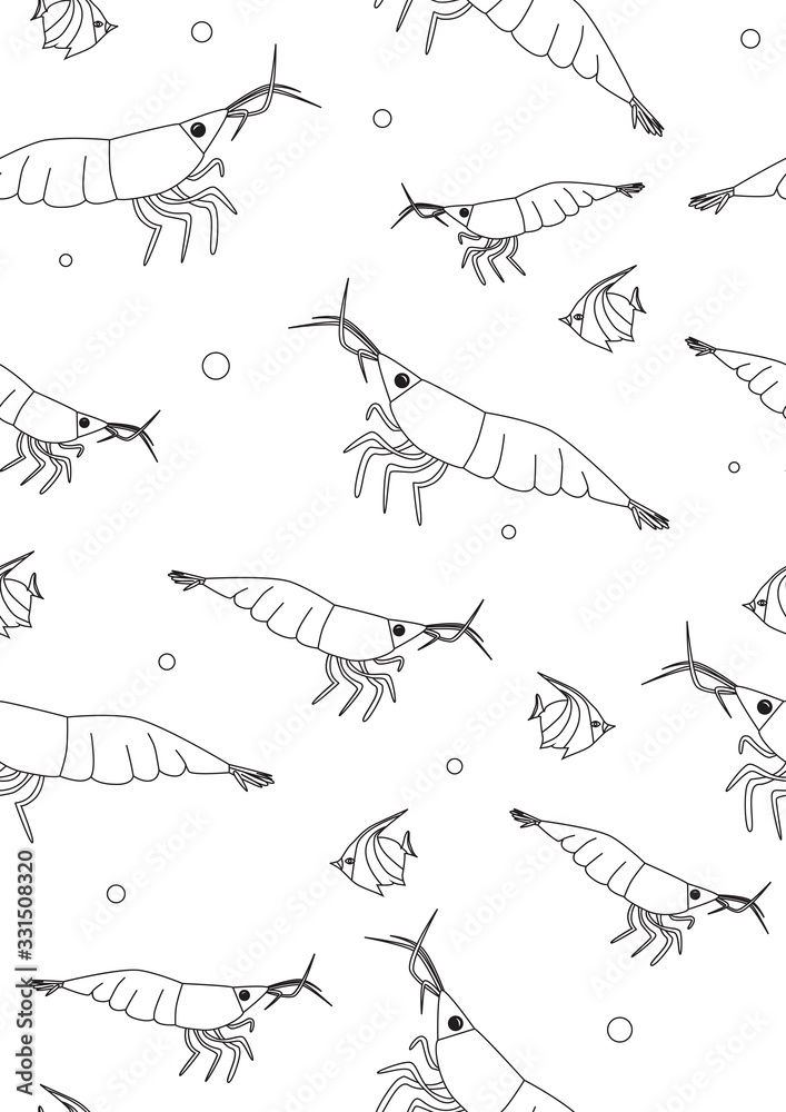 Fototapeta premium Seamless pattern or coloring page with screech and tropical fish for print, outline or linear vector stock illustration with ocean or sea and animal on a white background