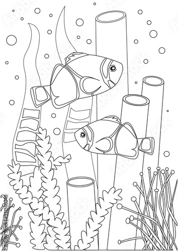 Coloring page with Amphiprion Nemo in the ocean or on the seabed for print, outline vector stock illustration with seaweed, coral and clown fish as a seabed concept