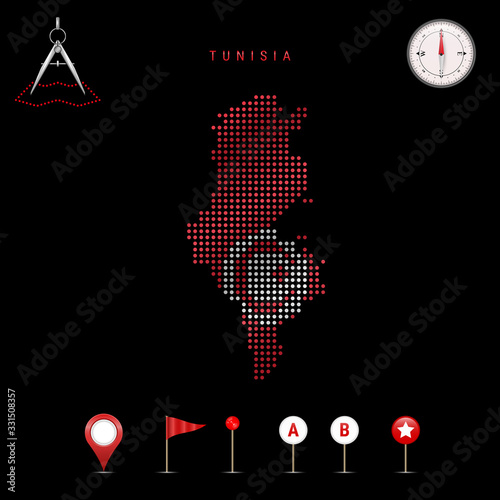 Dotted vector map of Tunisia painted in the national flag colors. Waving flag effect. Map tools icon set