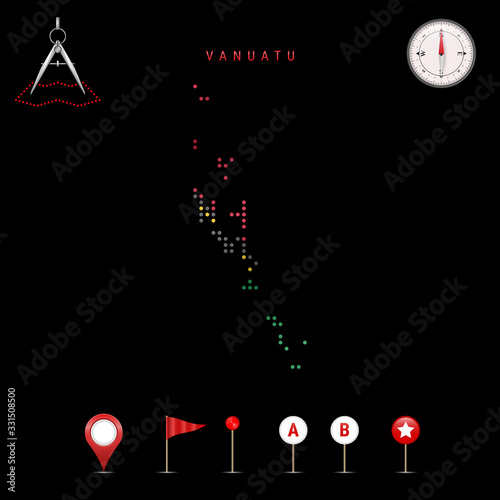 Dotted vector map of Vanuatu painted in the national flag colors. Waving flag effect. Map tools icon set