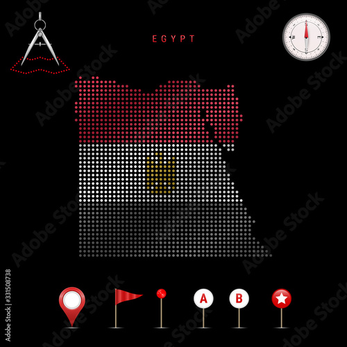 Dotted vector map of Egypt painted in the national flag colors. Waving flag effect. Map tools icon set