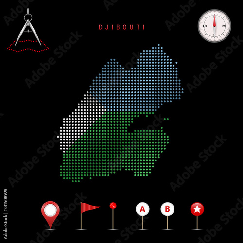 Dotted vector map of Djibouti painted in the national flag colors. Waving flag effect. Map tools icon set