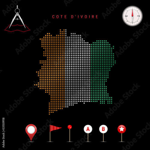 Dotted vector map of Cote d'Ivoire painted in the national flag colors. Waving flag effect. Map tools icon set