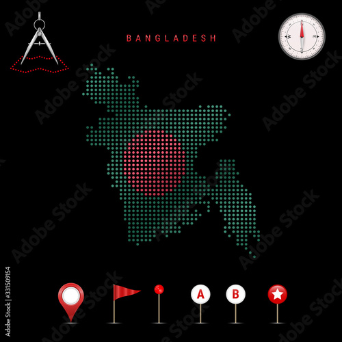 Dotted vector map of Bangladesh painted in the national flag colors. Waving flag effect. Map tools icon set