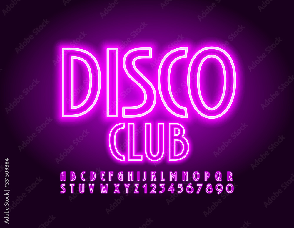 Vector bright violet banner Disco Club. Glowing Neon Font. Electric Alphabet Letters and Numbers