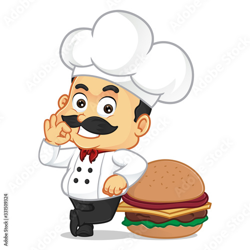 Chef cartoon leaning on burger