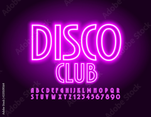 Vector bright violet banner Disco Club. Glowing Neon Font. Electric Alphabet Letters and Numbers © Popskraft