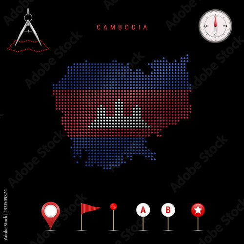 Dotted vector map of Cambodia painted in the national flag colors. Waving flag effect. Map tools icon set