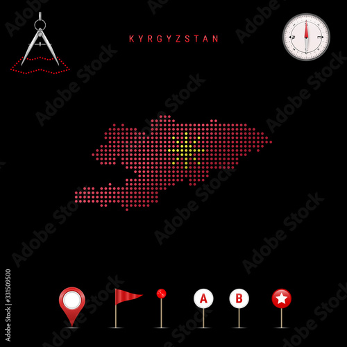 Dotted vector map of Kyrgyzstan painted in the national flag colors. Waving flag effect. Map tools icon set