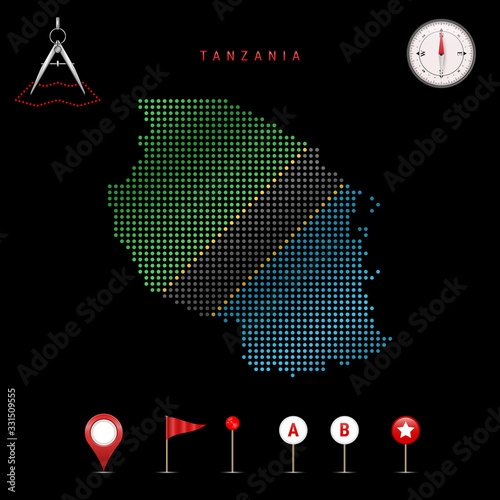 Dotted vector map of Tanzania painted in the national flag colors. Waving flag effect. Map tools icon set