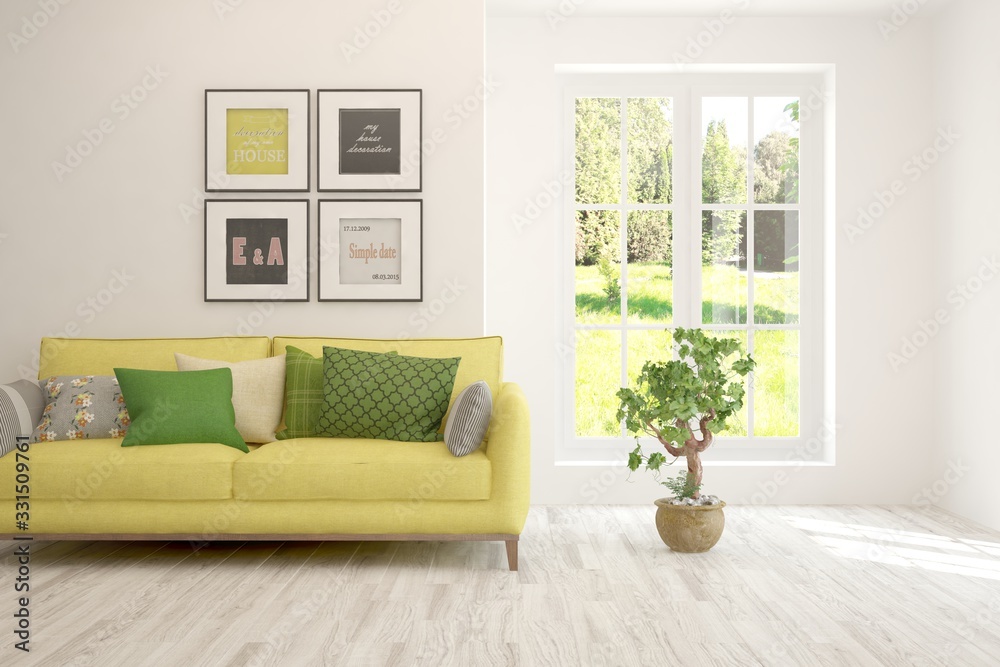 White living room with sofa and summer landscape in window. Scandinavian interior design. 3D illustration White living room with sofa and summer landscape in window. Scandinavian interior design. 3D illustration