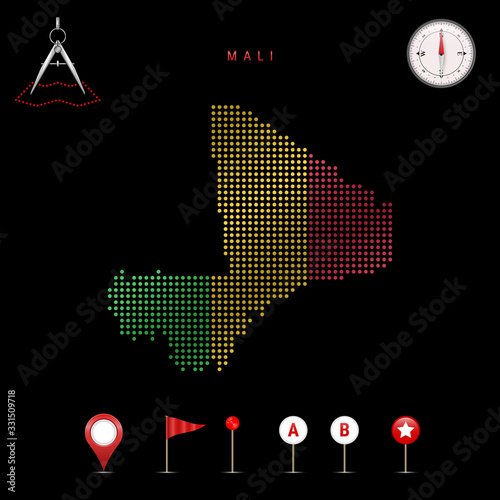 Dotted vector map of Mali painted in the national flag colors. Waving flag effect. Map tools icon set