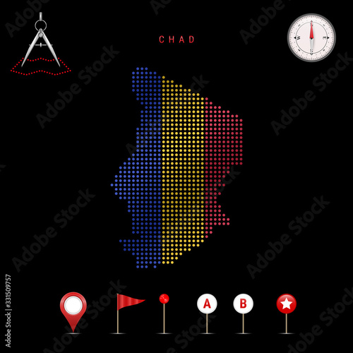Dotted vector map of Chad painted in the national flag colors. Waving flag effect. Map tools icon set