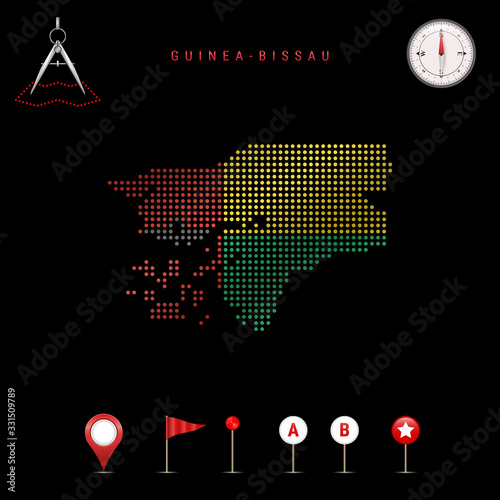 Dotted vector map of Guinea-Bissau painted in the national flag colors. Waving flag effect. Map tools icon set