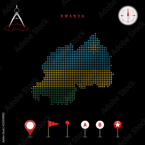 Dotted vector map of Rwanda painted in the national flag colors. Waving flag effect. Map tools icon set