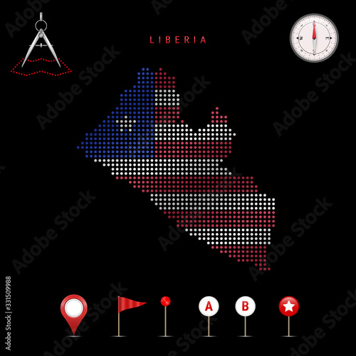 Dotted vector map of Liberia painted in the national flag colors. Waving flag effect. Map tools icon set