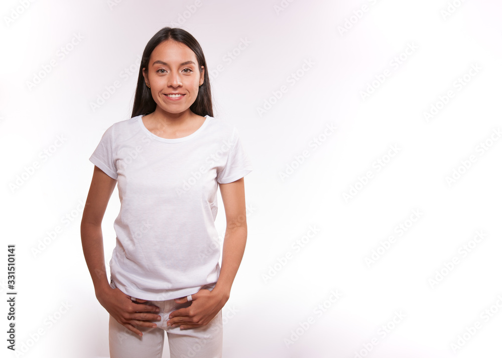 young woman in white clothes on light background young woman in white clothes on light background