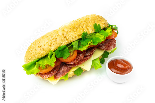 Delicious sandwiches with fresh vegetables and uncooked smoked sausage isolated on white background
