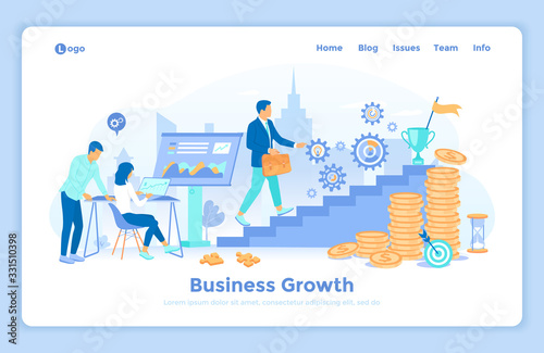 Business growth, Financial success, Planning, Investment, Teamwork, Work progress. Man walks the stairs to victory, people work in the office. landing web page design template decorated with people.