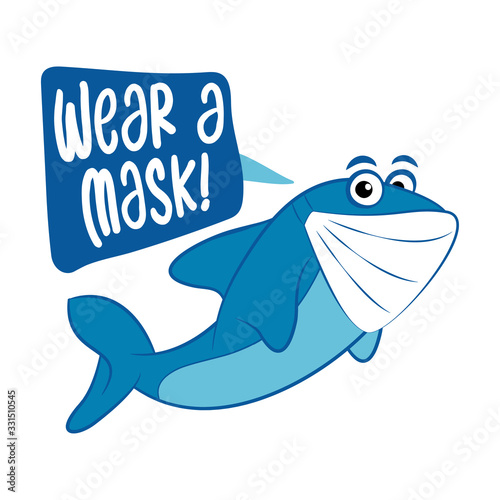 Wear a mask - cute shark illustration Awareness lettering phrase. Coronavirus in China. Novel coronavirus (2019-nCoV). Concept of coronavirus quarantine.