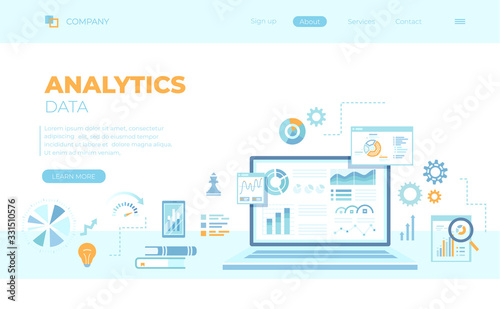 Analytics concept, Analysis, Analyzing, Data processing, Success strategy. Laptop with graphs and charts and  Infographic Elements. Can use for web banner, landing page, web template. Vector 