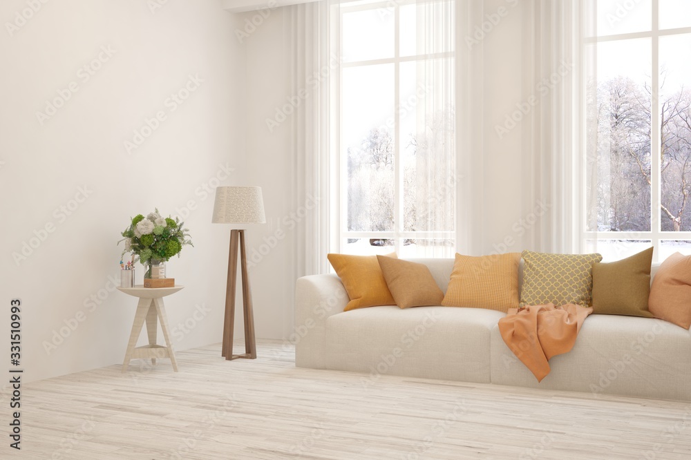 White living room with sofa and winter landscape in window. Scandinavian interior design. 3D illustration White living room with sofa and winter landscape in window. Scandinavian interior design. 3D illustration