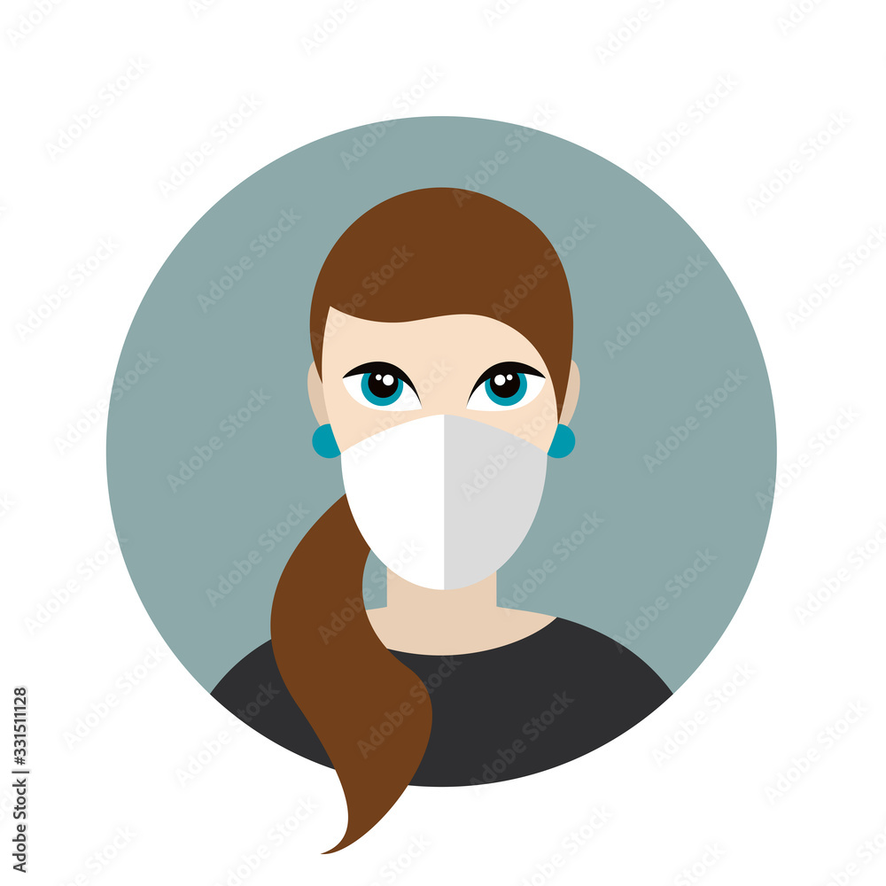 Woman in a mask protecting against corona virus. Flat vector icon.