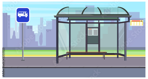 Cityscape with empty bus stop and sign illustration. Buildings silhouettes in background. Transportation concept. For websites, wallpapers, posters or banners.