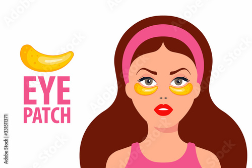 girl uses patch for eyes. cosmetic anti-wrinkle care. Flat character vector illustration.