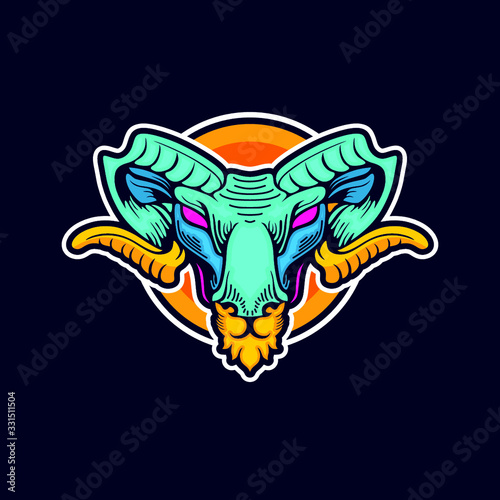 Goat head logo, goat logo, farm logo, esport logo, animal head icon, livestock logo, game logo, cool logo. bright isolated colors and dark blue background