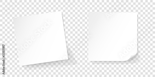 Two white paper reminder, white sticks, sticky notes, realistic vector illustration on isolated background with shadow